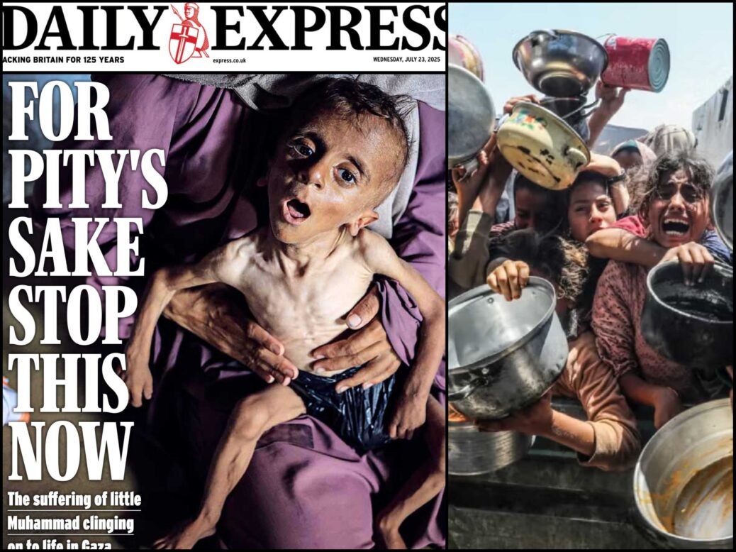 From left, a screengrab of the Daily Express' front page, featuring a starving child, on Wednesday, 23 July. From right, an image of Palestinians waiting to receive meals in the southern Gaza Strip.