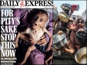 From left, a screengrab of the Daily Express' front page, featuring a starving child, on Wednesday, 23 July. From right, an image of Palestinians waiting to receive meals in the southern Gaza Strip.
