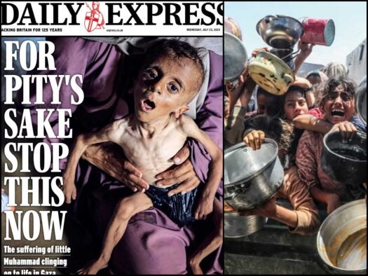 BBC and news agencies sound alarm over ‘threat of starvation’ for journalists in Gaza From left, a screengrab of the Daily Express' front page, featuring a starving child, on Wednesday, 23 July. From right, an image of Palestinians waiting to receive meals in the southern Gaza Strip.