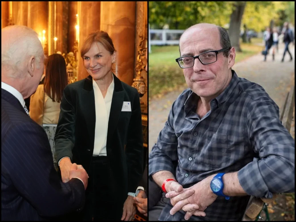 Fiona Bruce shaking hands with King Charles III at a Buckingham Palace reception to celebrate the centenary of the Film and TV charity on 13 November 2024. Right: Nick Robinson sitting on a park bench smiling at the camera