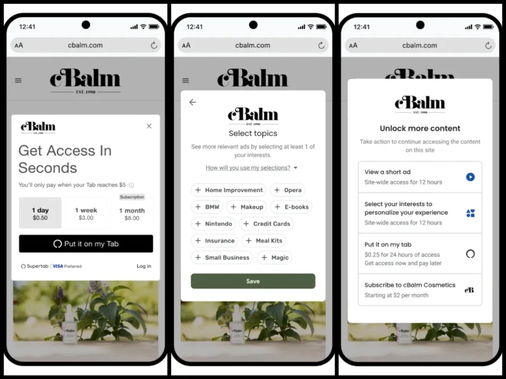 Three example monetisation options being launched in Google's Offerwall including options for to pay a small charge to read, fill in topic preferences, or