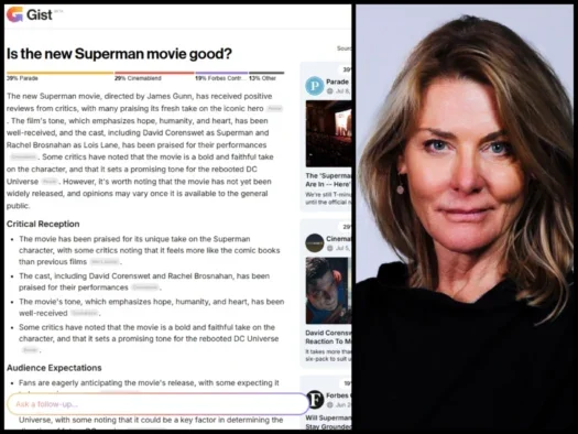 Answer and attribution bar on Gist for a question about the new Superman movie, and Prorata chief business officer Annelies Jansen