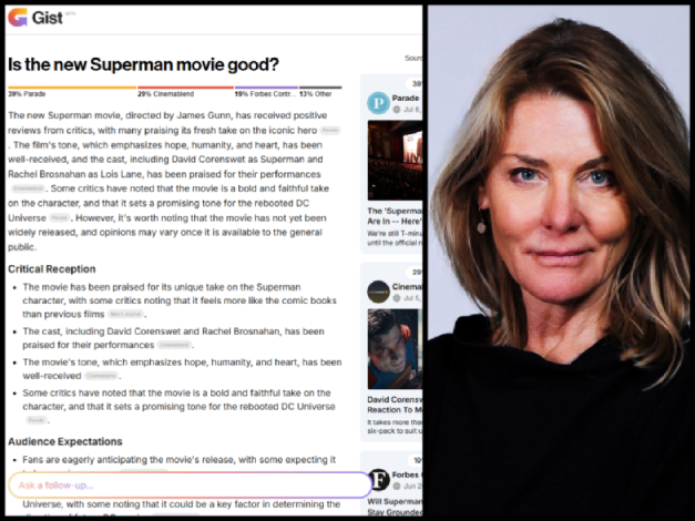 Answer and attribution bar on Gist for a question about the new Superman movie, and Prorata chief business officer Annelies Jansen