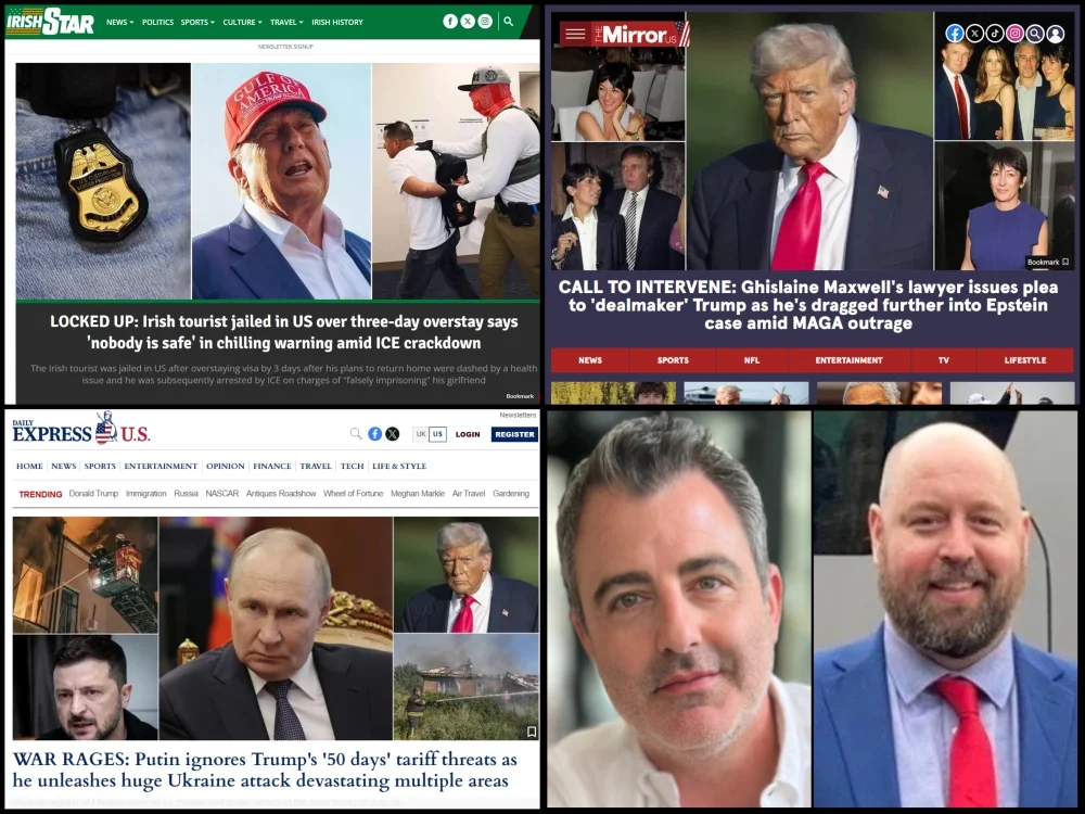 Irish Star, Mirror US and Express US homepages on 16 July 2025, alongside headshots of Reach US managing director Michael Cascio and editor-in-chief Alex Wellman