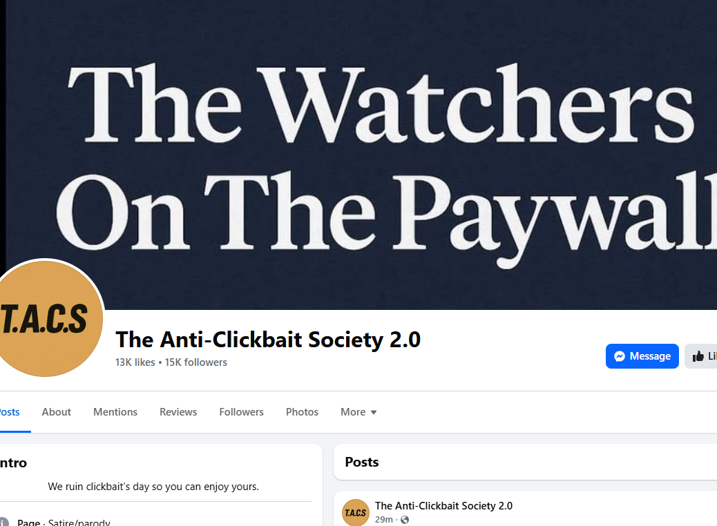 A screenshot of The Anti-Clickbait Society 2.0's Facebook page, showing 15k followers.
