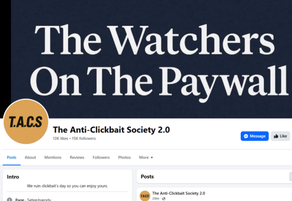 A screenshot of The Anti-Clickbait Society 2.0's Facebook page, showing 15k followers.
