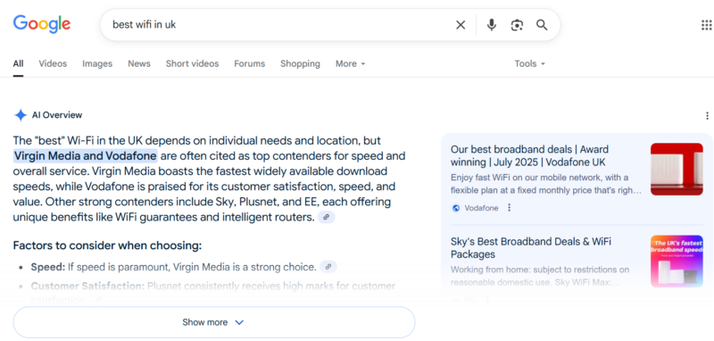 Google AI Overview result for "best wifi in UK" search. Below this information, a sponsored link and the "people also ask" feature, The Telegraph is the first organic result