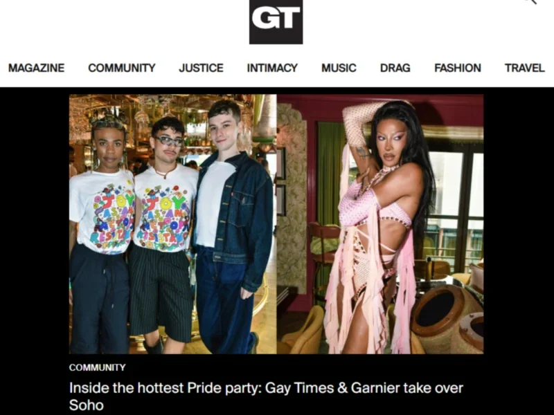 The free Gay Times, or GT, website - sections across the top say magazine, community, justice, intimacy, music, drag, fashion and travel. Main headline is: "Inside the hottest Pride party: Gay Times & Garnier take over Soho"
