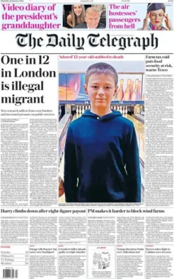 Telegraph front page on 23 January 2025 with splash headline: "One in 12 in London is illegal migrant"