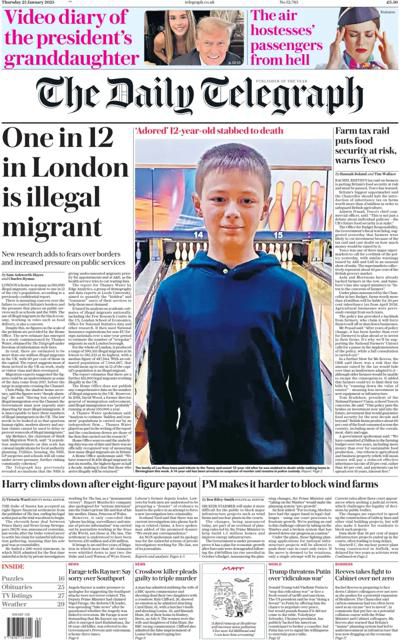 Telegraph front page on 23 January 2025 with splash headline: "One in 12 in London is illegal migrant"