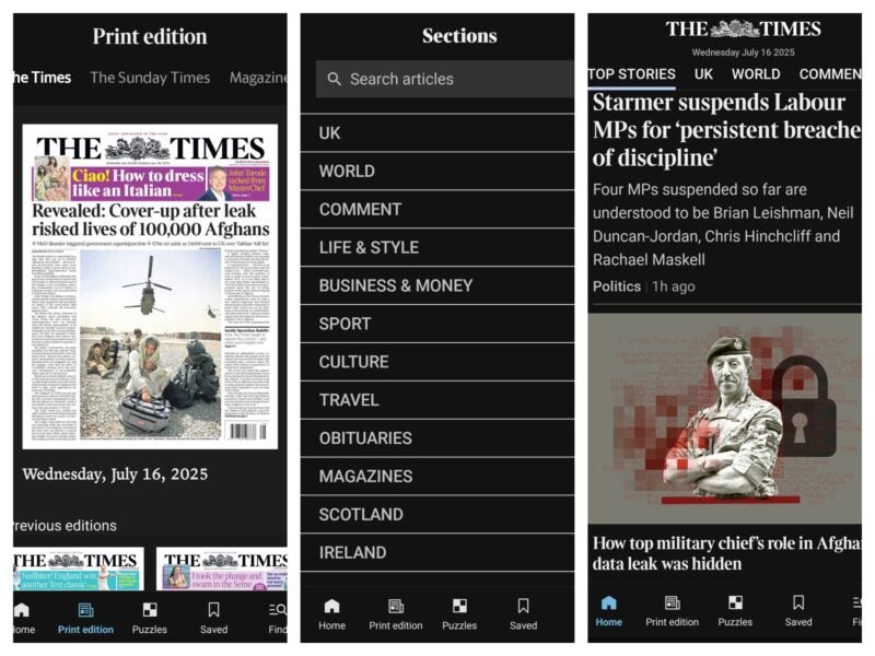 Screenshots from The Times app