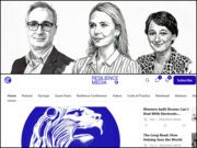Black and white illustrations of Resilience Media founder and editor-in-chief Dr Tobias Stone, founder and publisher Leslie Hitchcock and managing editor Ingrid Lunden. Below: screenshot of Resilience Media homepage on Substack