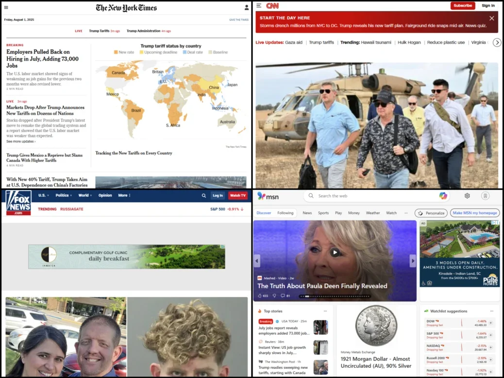 Four of the biggest news websites in the US: New York Times, CNN, Fox News and MSN homepages screenshotted on 1 August 2025