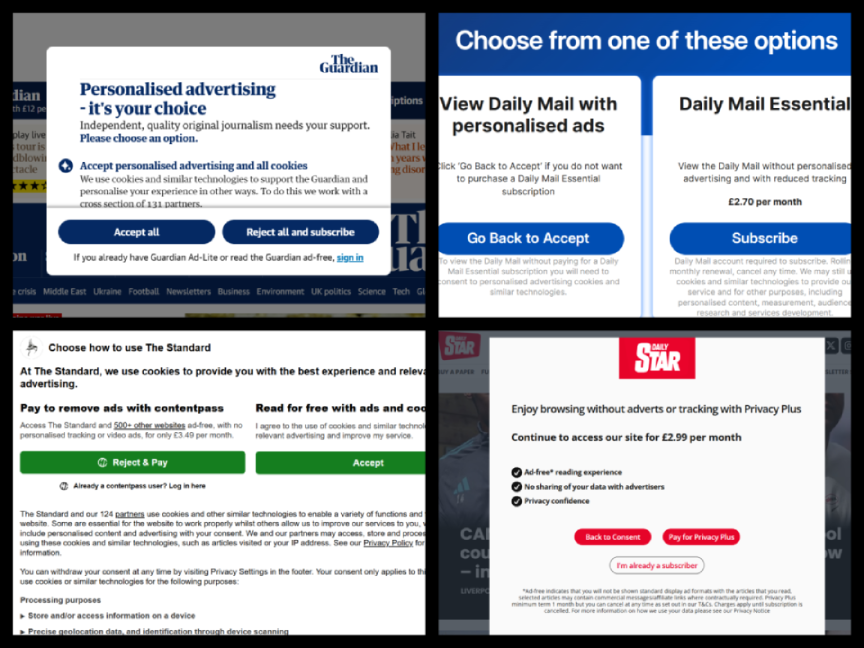 Cookie banners or 'reject and pay' subscription offers on The Guardian, Daily Mail, Daily Star and The Standard in August 2025