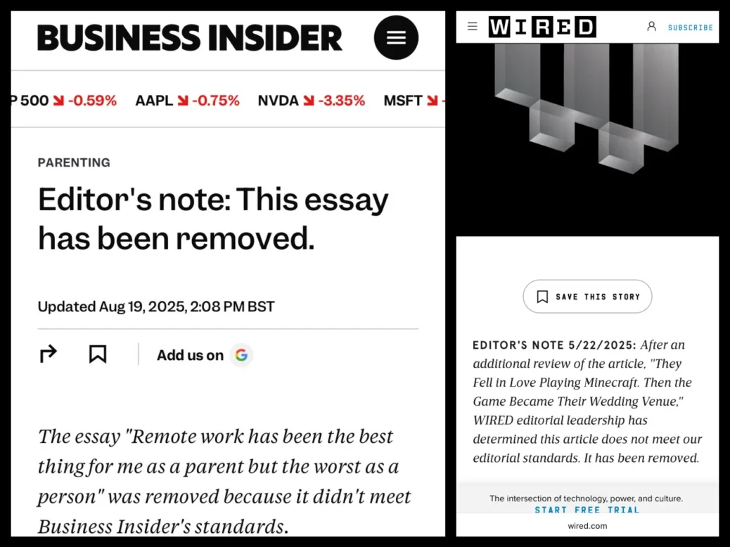 Business Insider and Wired pages that previously contained articles by Margaux Blanchard