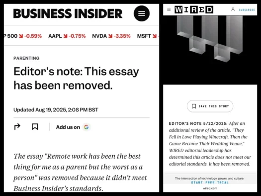 Business Insider and Wired pages that previously contained articles by Margaux Blanchard