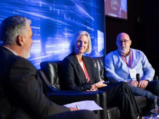 Press Gazette editor-in-chief Dominic Ponsford, Mediahuis Ireland chief customer officer Sheena Peirse, Flip-Pay chief executive officer Paul McCarthy-Brain, sat on stage presenting case study Digitally transforming the business and growing subscribers from zero to 100k in five years at the Future of Media Technology Conference 2025.