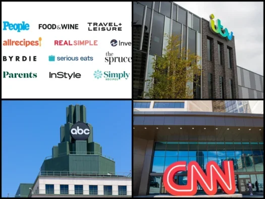 Collage of four pictures to represent op four publishers by estimated number of jobs cut in 2025. Screenshot of People Inc website showing many of its top brands including People and Food & Wine, plus outside offices shots of ITV, CNN and ABC all showing their logos on the buildings