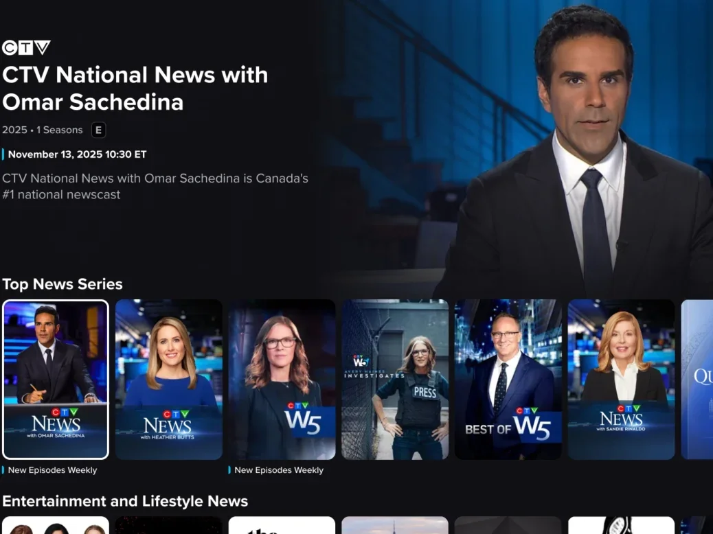 News content displayed on Crave streaming service, with headline image CTV National News with Omar Sachedina