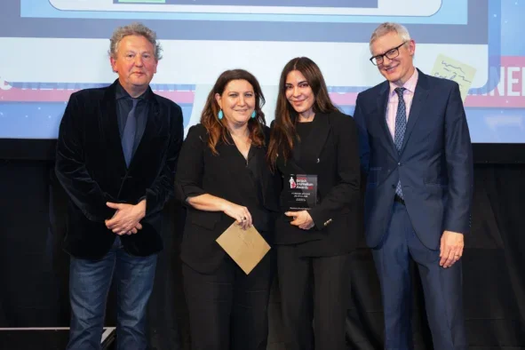 Basement Films team pick up the Foreign Affairs Journalism prize at the British Journalism Awards 2025. Picture: Press Gazette/Adam Duke Photography
