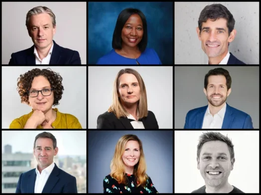 Nine headshots of news leaders in collage format. Five men and four women.