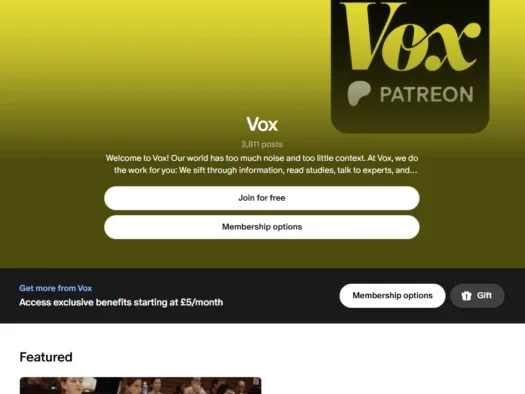 Vox's page on Patreon. Subheading: "Welcome to Vox! Our world has too much noise and too little context. At Vox, we do the work for you: We sift through information, read studies, talk to experts, and..."