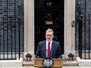 Keir Starmer stands outside 10 Downing Street as he delivers his first speech as prime minister in 2024. Picture: Michael Tubi