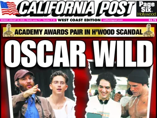California Post first front page - headline is 'Oscar wild' with pictures of Josh Safdie and Timothee Chalamet, and a rip down the middle, then Benny Safdie and Dwayne Johnson