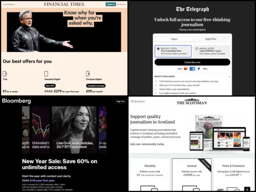 Digital subscriptions pages for the Financial Times, The Telegraph, The Scotsman and Bloomberg Media on 23 January 2026