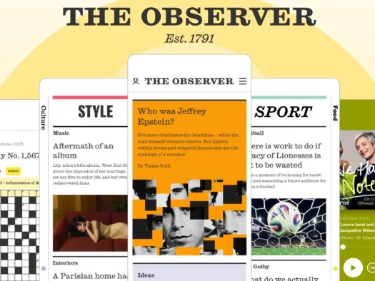 Five screenshots from The Observer app, including lead story 'Who was Jeffrey Epstein?', the style vertical, sport, a 'speedy' puzzle, and a podcast player