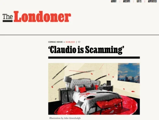 'Claudio is scamming' headlined article over which Mill Media's The Londoner is being sued. Image shows headline and The Londoner masthead