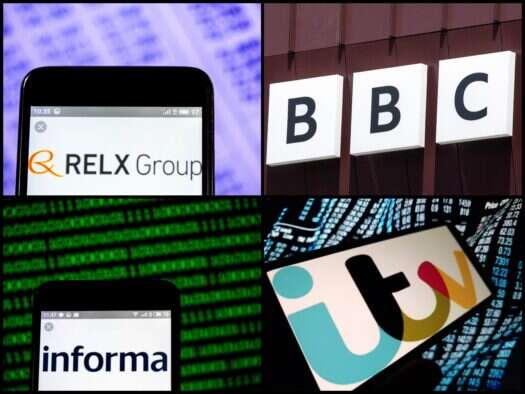 Top four media companies in UK by revenue. RELX Group (picture: Igor Golovniov, Shutterstock), BBC (Chris Dorney, Shutterstock), Informa (Igor Golovniov/SOPA Images/LightRocket via Getty Images), ITV (Piotr Swat, Shutterstock).