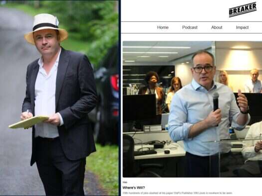 Breaker founder Lachlan Cartwright (left) and Breaker Media's website homepage on 6 February 2026.