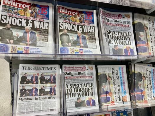 UK newspapers widely reported the tense exchange between Zelenskyy , Donald Trump and JD Vance in oval office. Picture: Steve Travelguide / Shutterstock
