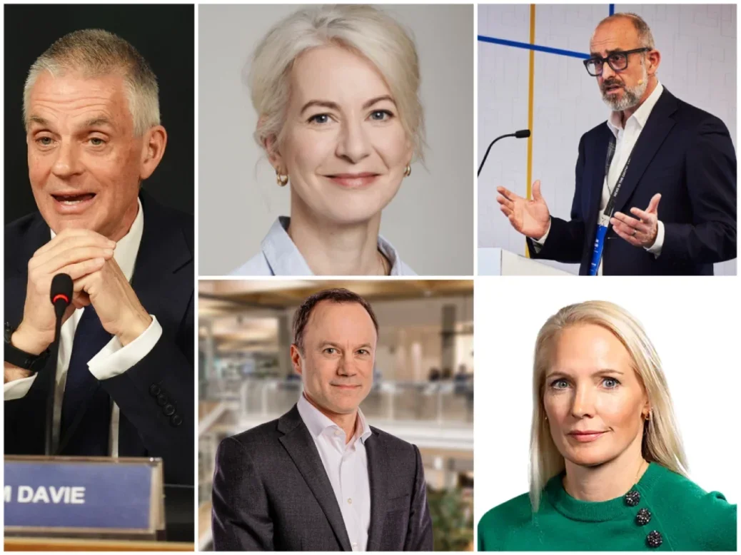 Collage picture of five media leader headshots: BBC director general Tim Davie (picture: Andrew Milligan/PA Wire), Guardian News and Media chief executive Anna Bateson, Financial Times CEO Jon Slade, Telegraph CEO Anna Jones, and Sky News executive chairman David Rhodes