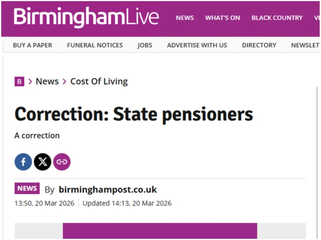 Birmingham Live correction page for state pension story, dated 20 March 2026. Headline reads: "Correction: State pensioners"
