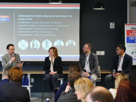 The Daily Beast's Keith Bonnici, Anne Marie O'Keefe of Mansueto Ventures, Steve Russolillo of Business Insider, and Omar Hamdi of Pathos Communications sitting in line on stools in front of screen showing their headshots, names and job titles