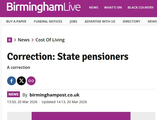 Birmingham Live correction page for state pension story, dated 20 March 2026. Headline reads: "Correction: State pensioners"