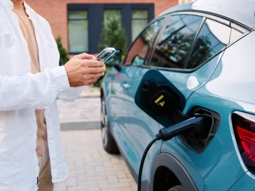 Man using smartphone app while standing next to his electric car charging at portable station on a city street, surrounded by urban buildings