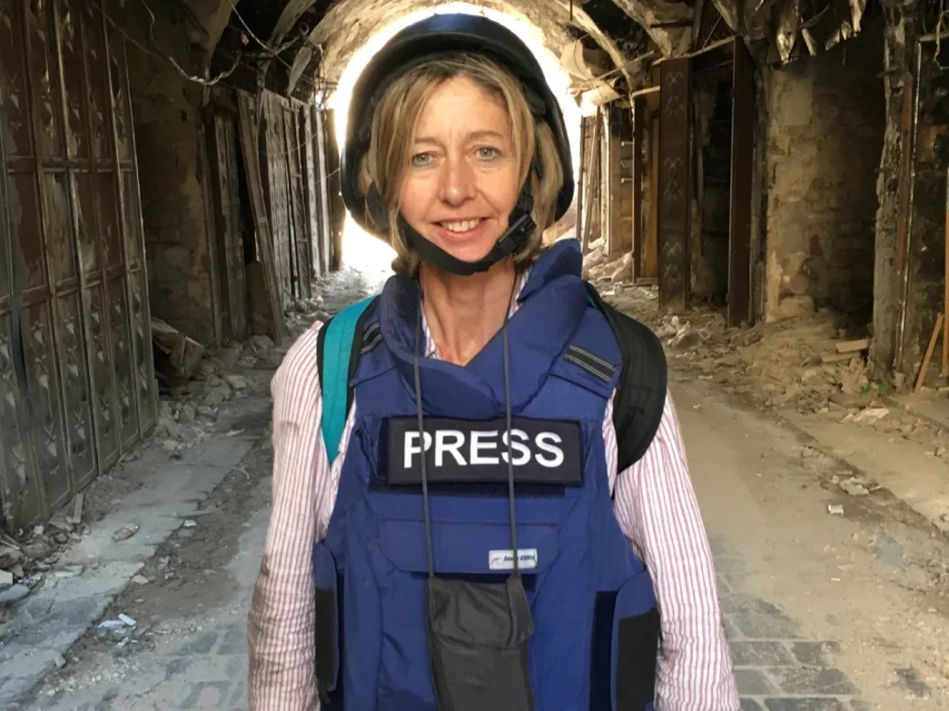 Sunday Times chief foreign correspondent Christina Lamb wearing a flak jacket marked 'press' in Aleppo in 2016