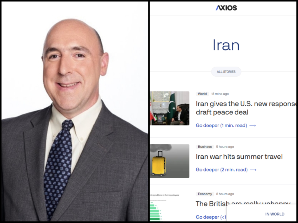 Left: Axios head of news Ben Berkowitz and right: Iran anchor page with top headline 'Iran gives the US new response on draft peace deal'