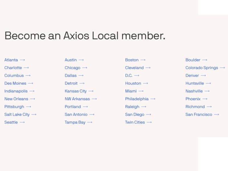 A list of the 35 cities Axios Local is currently active in, April 2026.
