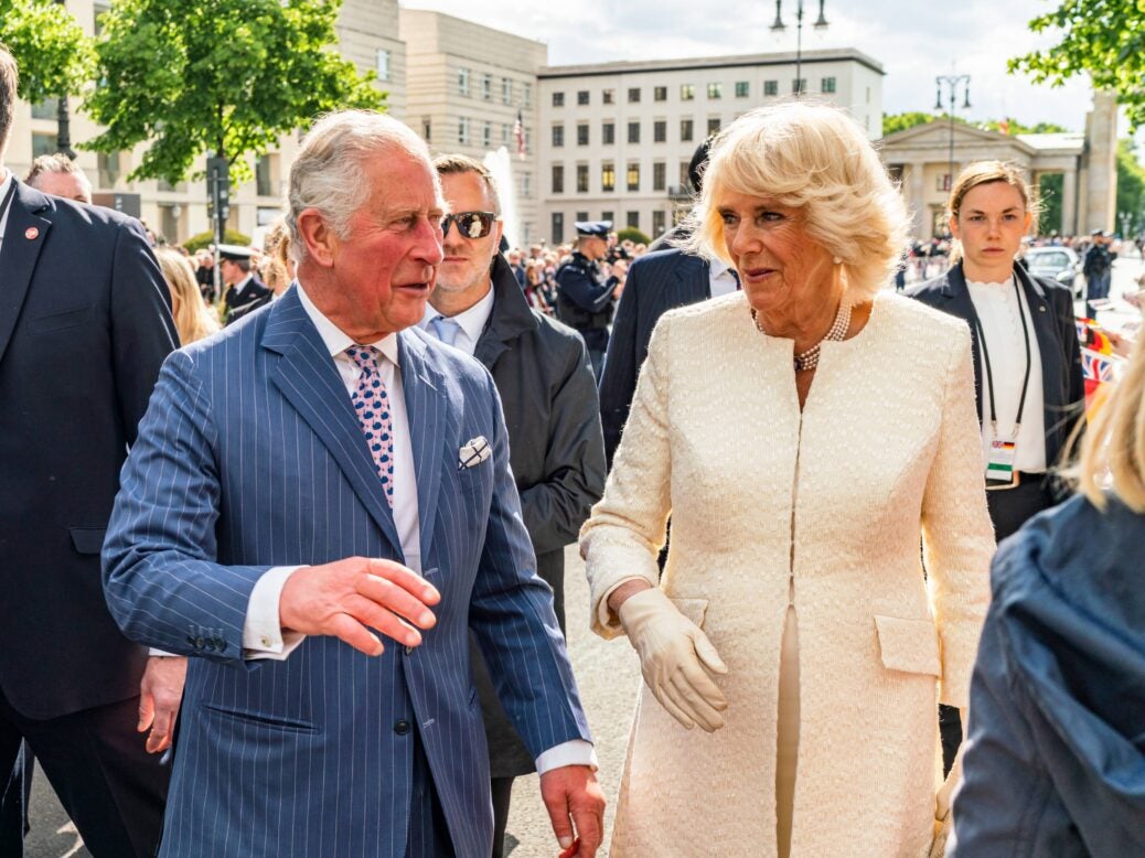 BERLIN, GERMANY - MAY 7, 2019: Charles, Prince of Wales and Camilla, Duchess of Cornwall, in front of Brandenburg Gate. Picture: Chris Ghinda/Shutterstock