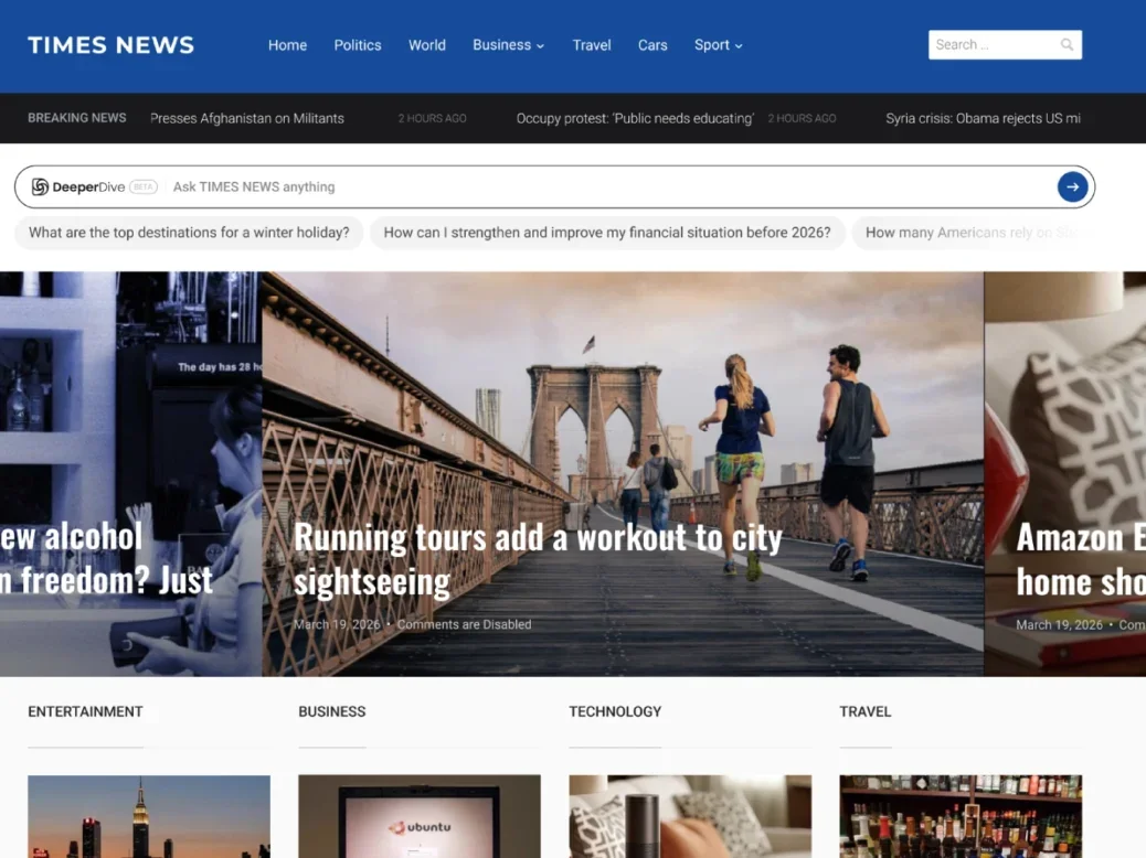 Mock-up of what Taboola's Deeper Dive can look like on a publisher homepage using 'Times News' masthead. Search bar states: 'Ask Times News anything'
