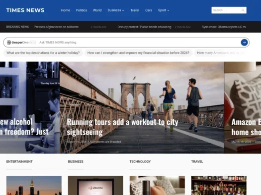 Mock-up of what Taboola's Deeper Dive can look like on a publisher homepage using 'Times News' masthead. Search bar states: 'Ask Times News anything'