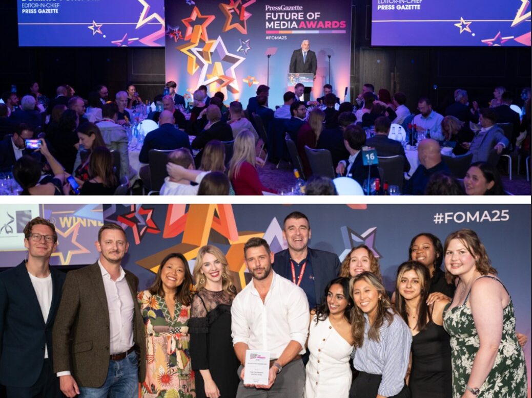 Two images from Future of Media Awards 2025: Dominic Ponsford on stage in front of gala dinner audience, and group of winners on stage