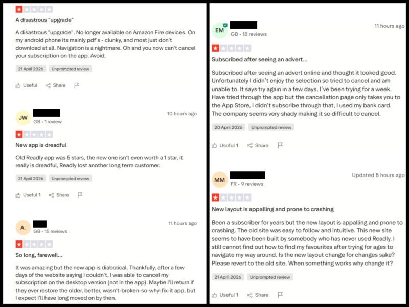 Trustpilot reviews of Readly since its merger with Cafeyn on 21 April 2026.