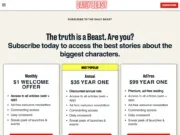 Daily Beast subscription sign-up page with three options: monthly (with $1 welcome offer), annual ($35 for year one), and ad free ($99 year one)