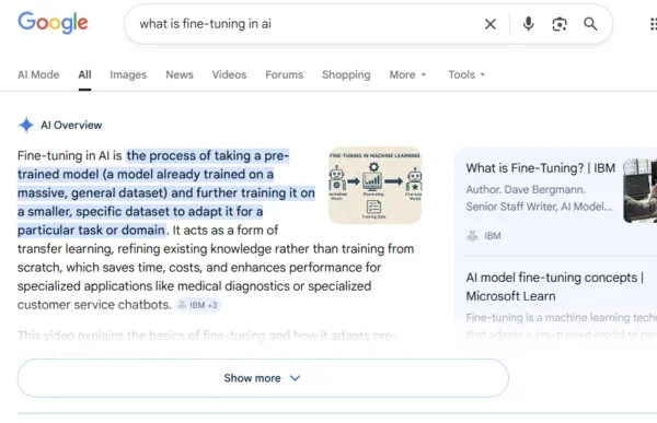 Google AI Overview answer to 'what is fine-tuning in ai' query. Top cited result is an IBM link