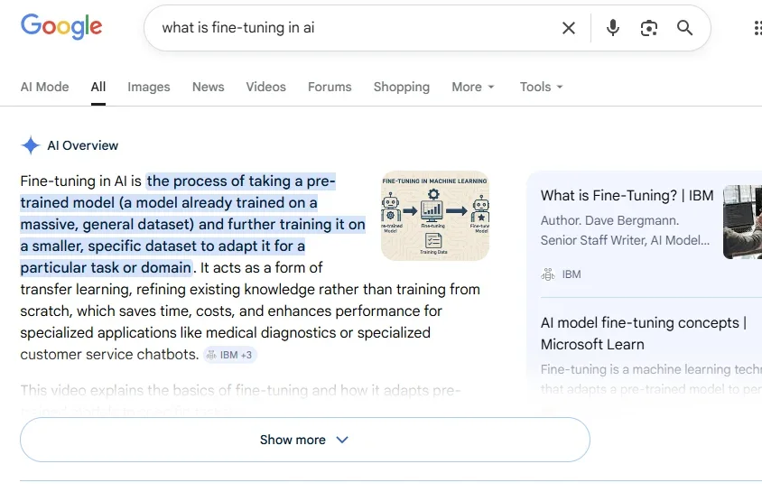 Google AI Overview answer to 'what is fine-tuning in ai' query. Top cited result is an IBM link
